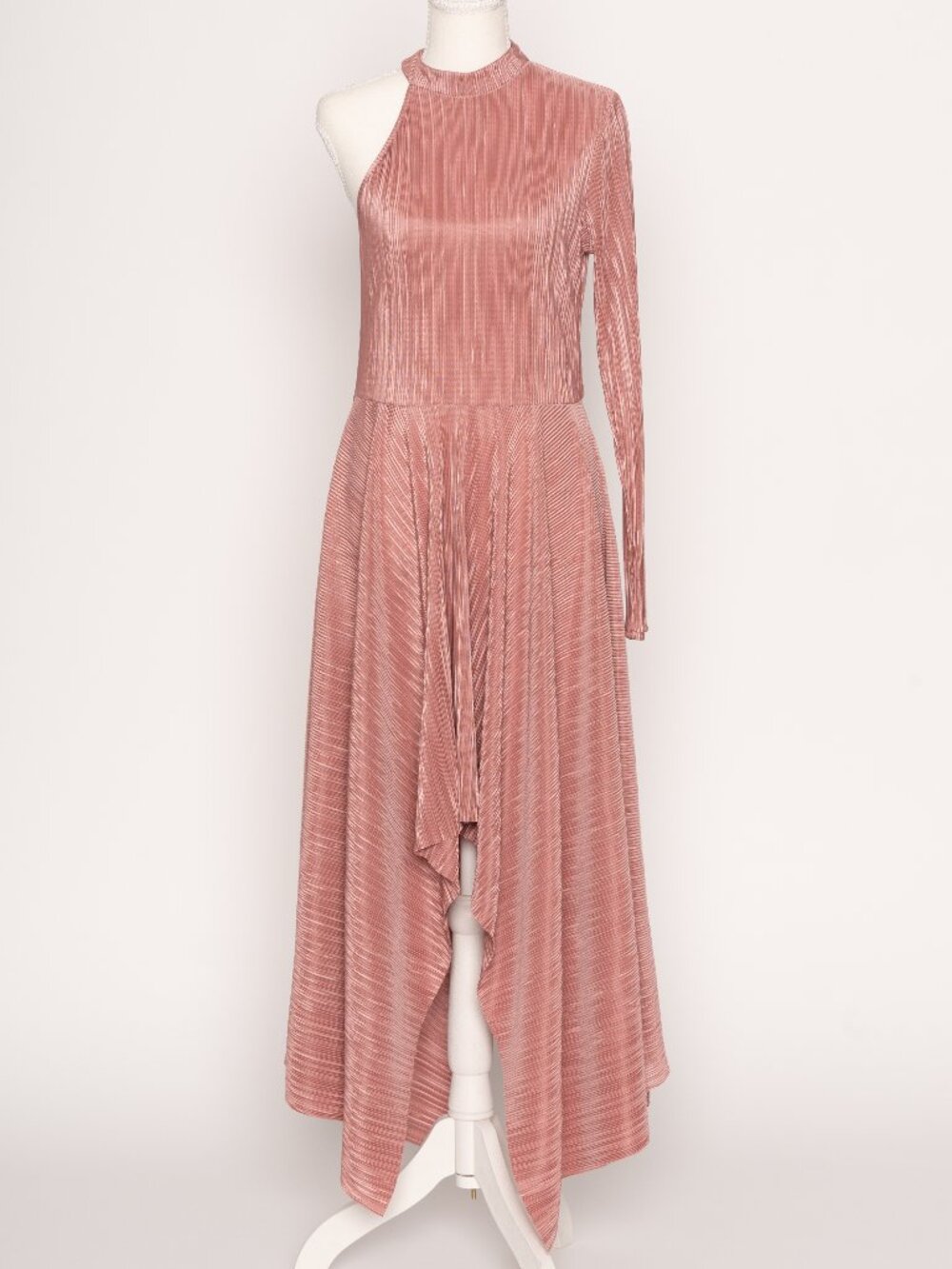One Shoulder Shiny Pink Pleated Handkerchief Party Midi Dress NWOT Barbiecore 8